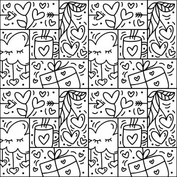 Valentines logo vector seamless pattern love, cup, cloud, heart and gift box Illustrazione stock