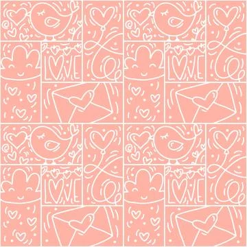 Valentines logo vector seamless pattern love, bird, heart, envelope line and Stock Illustration
