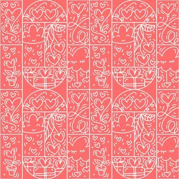 Valentines logo vector seamless pattern love, cloud, heart, glasses line and 스톡 일러스트