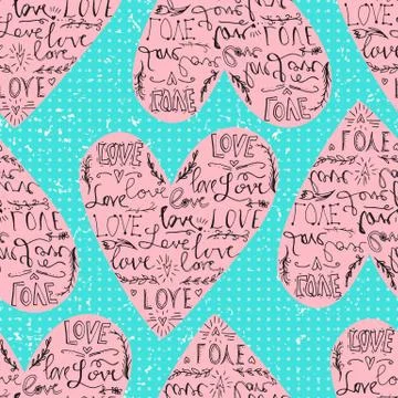 Valentines seamless pattern with heart and love phrase. Polka dot backdrop Stock Illustration