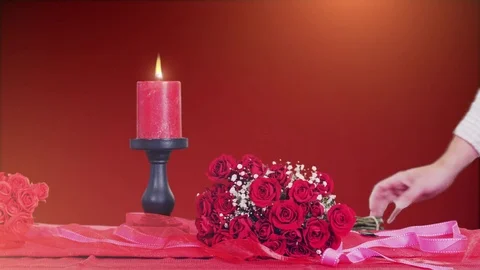 Valentines Table Scene with Red Background Stock Footage 82279362