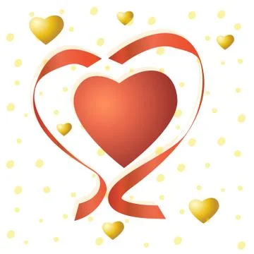 Valentines vector card. Red and golden hearts, ribbons. Illustrazione stock