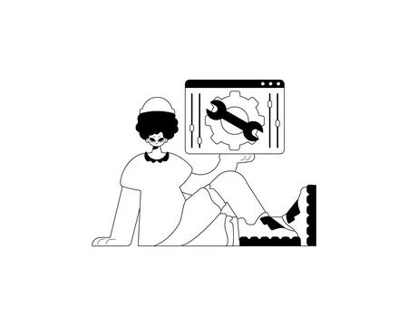 The valet is holding a browser with fit up and inspire video . subscribe th.. Stock Illustration