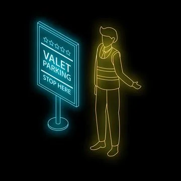 Valet parking attendant gesturing to stop sign with neon light effect Stock Illustration