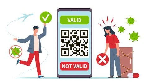 Valid quick response code. Vaccinated people and huge smartphone with qr on 스톡 일러스트