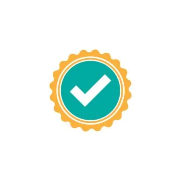 Valid Seal icon. Blue and orange circle with ribbon outline and white tick. Flat Stock Illustration