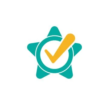 Valid Seal icon. Blue circle with ribbon, stars and gold tick. Flat OK sticker Illustrazione stock