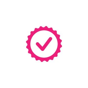 Valid Seal icon. Pink circle with ribbon outline and pink tick. Flat OK sticker Illustrazione stock