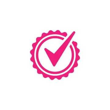 Valid Seal icon. Pink circle with ribbon outline and pink tick. Flat OK sticker Illustrazione stock