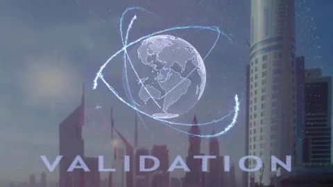 Validation text with 3d hologram of the planet Earth against the backdrop of the Stock Photos