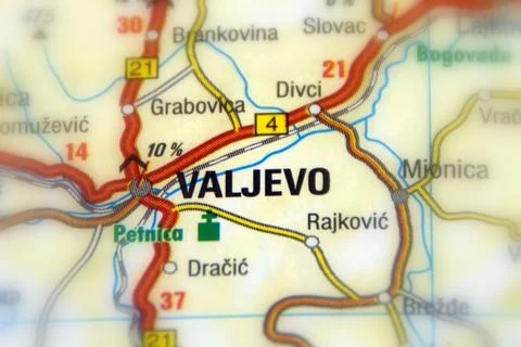 Valjevo on a map Foto stock