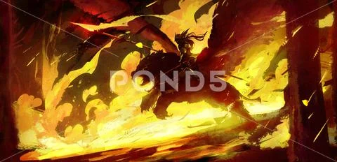 A valkyrie with long hair runs through the burning forest on a huge ...