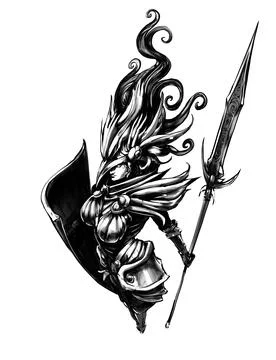 Valkyrie with shield and spear in a dynamic perspective. 2D Illustrations. Illustration