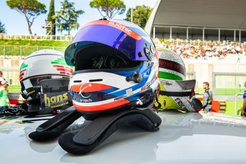 Vallelunga, Italy september 15 2019.  Racing car driver helmet close up Stock Photos
