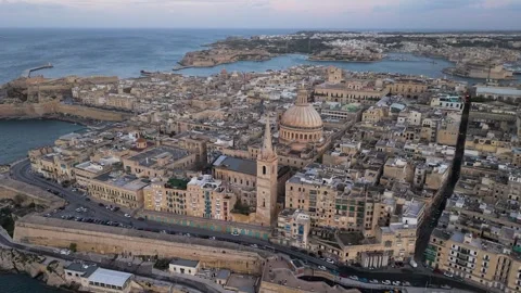 Valletta - Blue Hour Reveal Pull Out Aerial Cityscape Malta Stock Footage 332976433