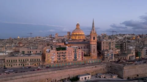 Valletta Dusk Dramatic Clouds Aerial Low Altitude Skyline Malta Stock-Footage 334710370