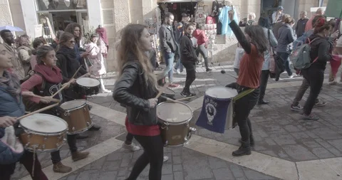 Valletta, Malta - 03/08/20: International Woman's Day Protesters Drumming Stock Footage