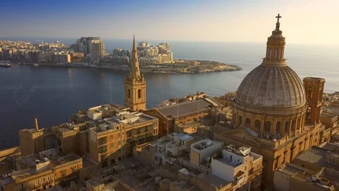 Valletta, Malta - 4K flying to Mount Carmel Basilica and St.Paul's Cathedral Video stock 91786023