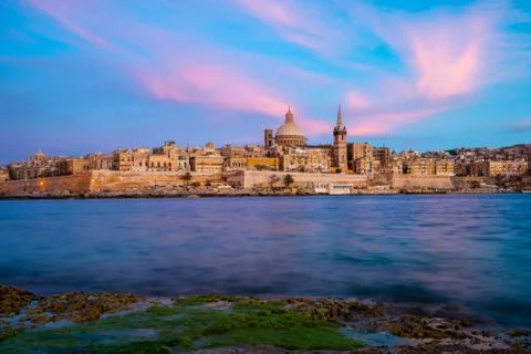 Valletta skyline at sunset Stock Photos