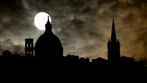 Valletta Skyline, Time Lapse by Night with Full Moon and Dark Silhouette, Malta Stock Footage 119893230