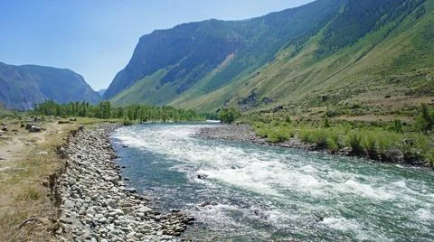 Valley and river view during travel to Altai mountains. Stock Photos
