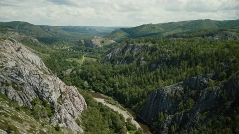 Valley between mountain ranges, coniferous forest, video from a copter Vidéo 233202876