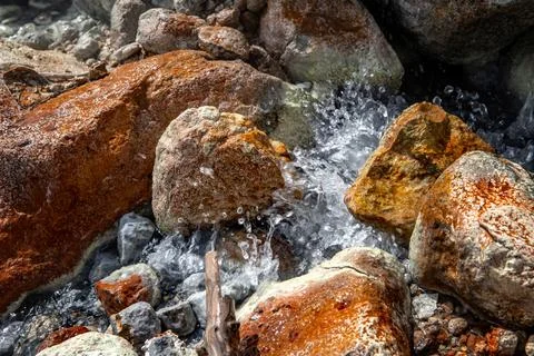 Valley of Desolation. grounds of an active volcano. Hot sulphur  stream. Stock Photos