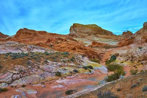 Valley of Fire Red Sandstone Formations and Desert Trail Under Vibrant Blue S Stock Photos