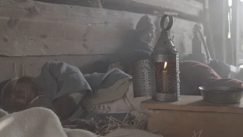 Valley Forge Camp - Freezing Continental Soldiers in Barn, starving in the snow Stock Footage 103625895