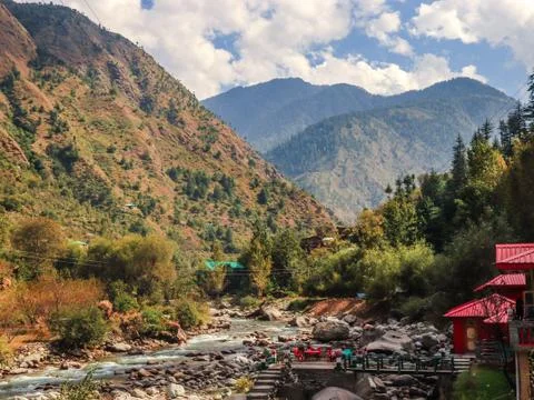 Valley in Himalayas, Riverside cottage in Jibhi, HP, India. Stock Photos