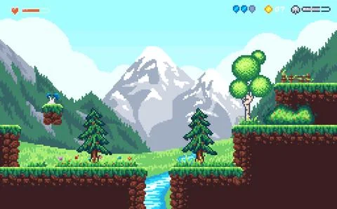 Valley location for a pixel platformer. Illustrazione stock