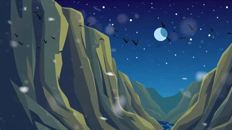 Valley At Night: The Valley With High Mountain in the Night, A River Flow in Bo Stock Footage 317967249