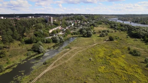 Valley of the Oka river, pine forest and small lake, wildlife and cityscape Stock Footage 254085490