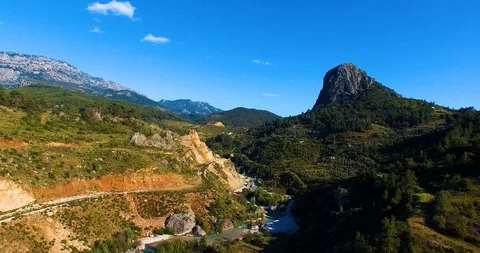 Valley, River, Forest, Mountain Drone Shot Stock Footage 130080750