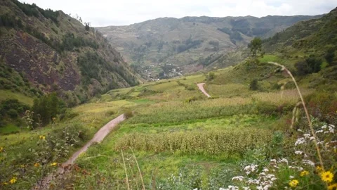 Valley with a road to a town with mountains Stock Footage 274512971