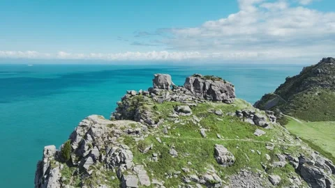 Valley of Rocks from a drone, S W Coast Path, Lynton, Exmoor National Park, UK Video stock 248688225