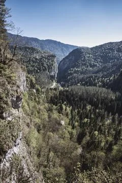 A valley with steep cliffs of a mountain gorge and a road at the bottom. Stock Photos