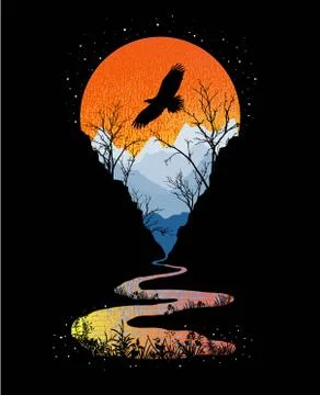 Valley sunset and flying eagle Stock Illustration
