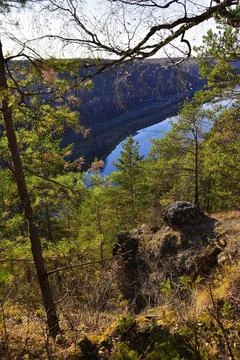 Valley of the Sylva River and the Trans-Siberian Railway from the top of the  Stock Photos