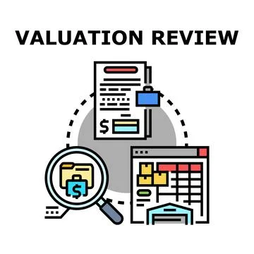 Valuation review process examining financial reports and assets Stock Illustration