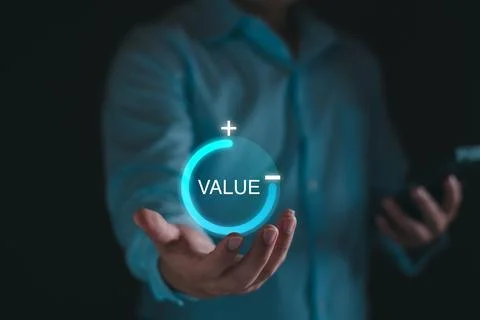 Value added concept. Businessman pulling up increase value added infographic  Stock Photos