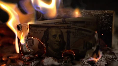 Value collapsing, 100 bills burning in the flames Stock Footage 255022726