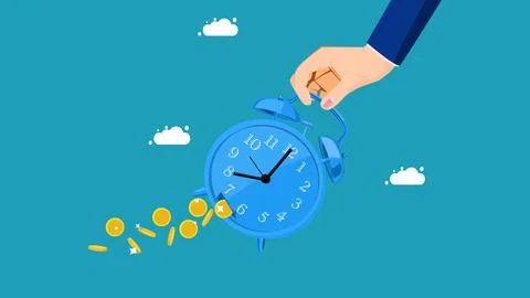 The value of money decreases over time. Businessman holding a watch with leak Stock Illustration