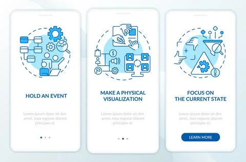 Value stream mapping best practices blue onboarding mobile app screen Stock Illustration