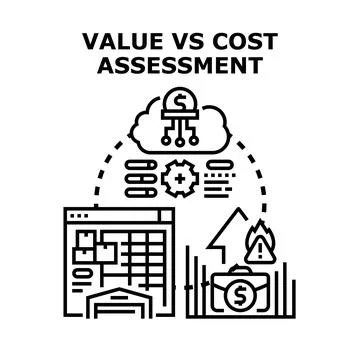 Value versus cost assessment evaluating business investments Stock Illustration