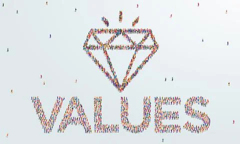 Values Concept. A large group of people forms a shape of the word values. Stock Illustration