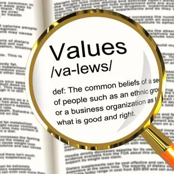 Values definition magnifier showing principles virtue and morality Stock Illustration
