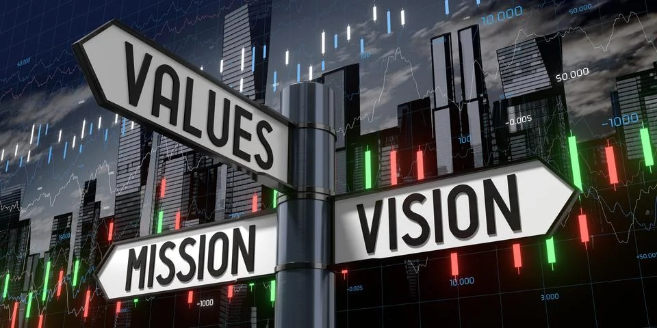 Values, Mission, Vision - Signpost with Three Arrows - 3D illustration Stock Illustration