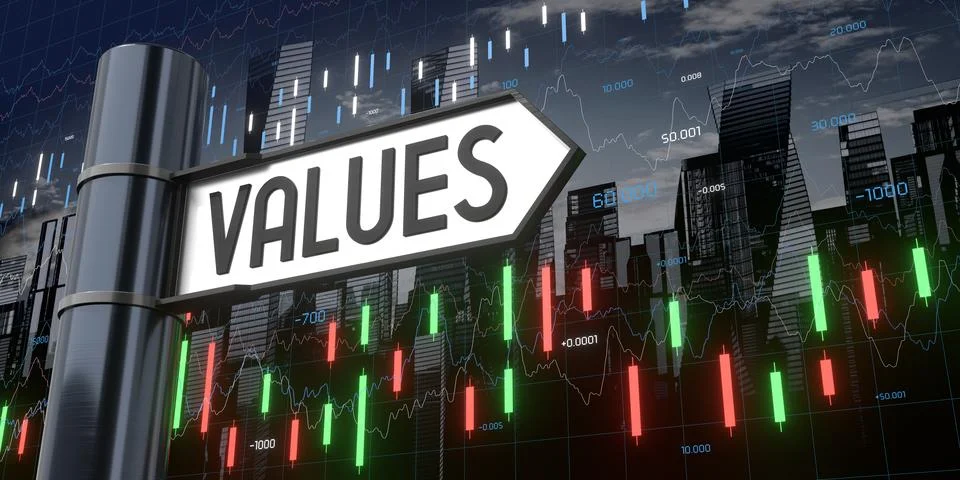 Values - signpost and financial data - 3D illustration 库存插图