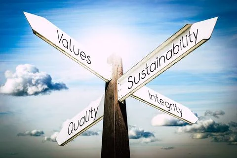 Values, sustainability, quality, integrity concept - signpost Stock Illustration